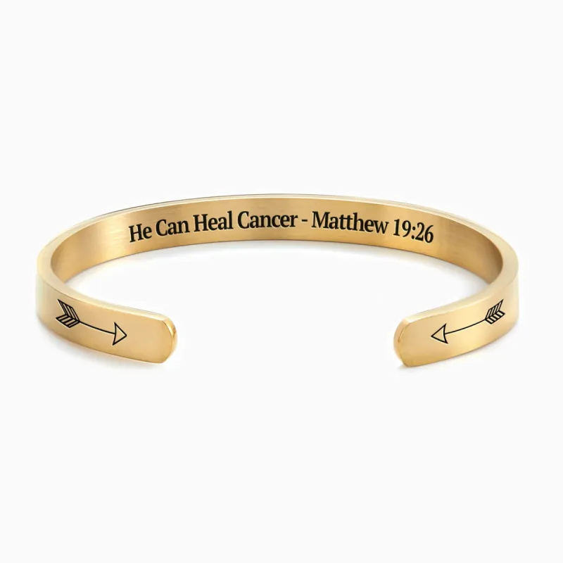 He Can Heal Cancer - Matthew 19:26 Cuff Bracelet sold by Faithful and Co.