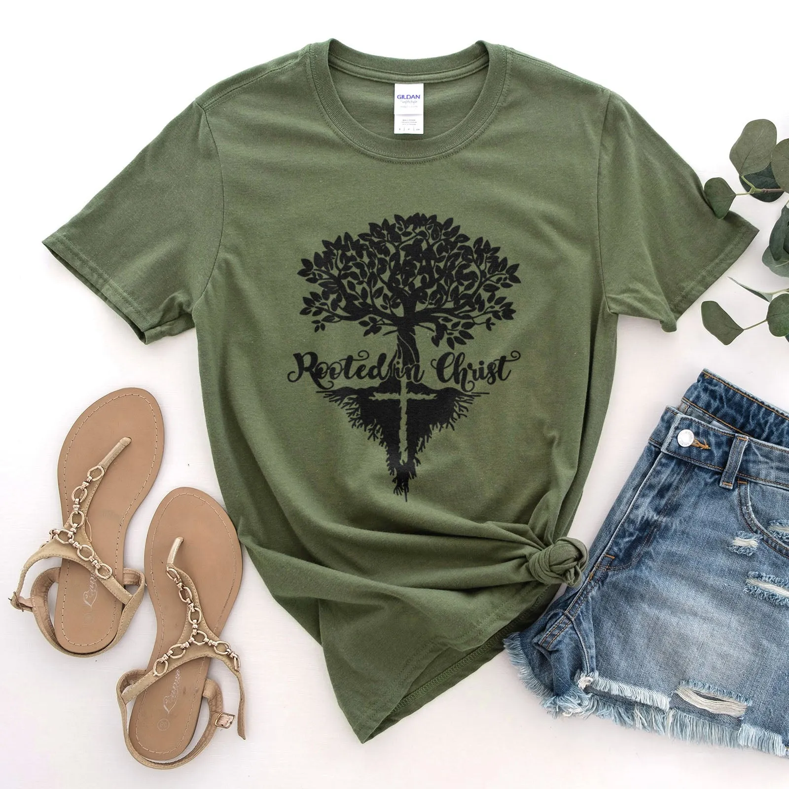 Rooted In Christ Tree Tee sold by Faithful and Co.