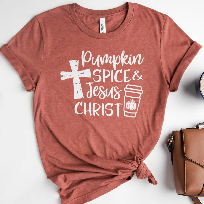 Pumpkin Spice & Jesus Christ Tee sold by Faithful and Co.