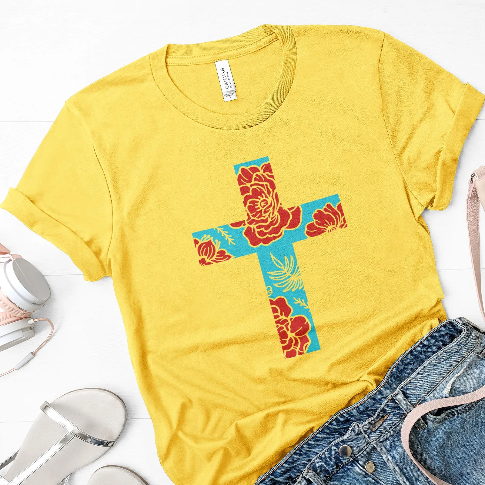 Floral Cross - Bright Tee sold by Faithful and Co.