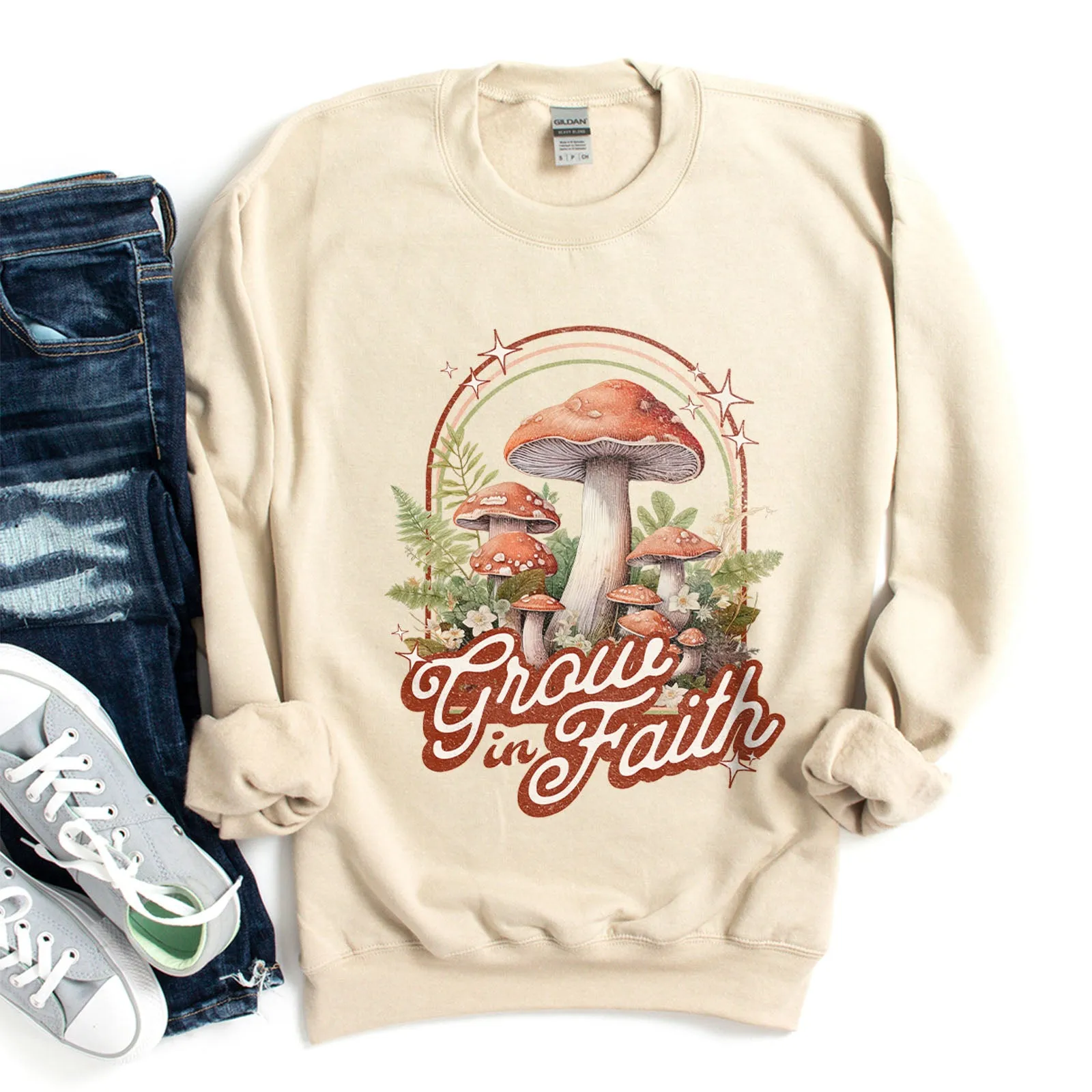 Grow in Faith Mushrooms Sweatshirt sold by Faithful and Co.