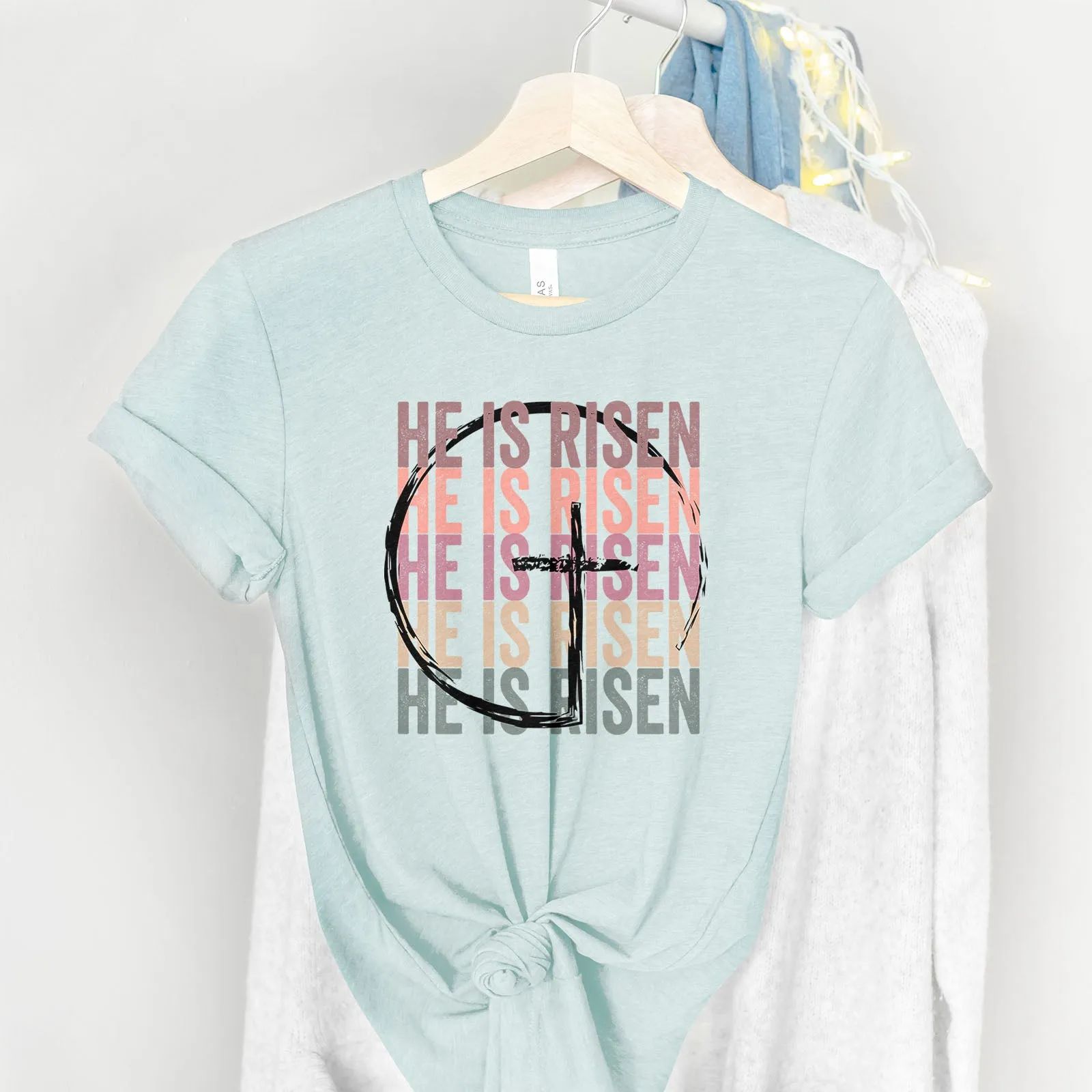 He Is Risen Stacked Easter Rainbow Tee sold by Faithful and Co. product image thumbnail 4