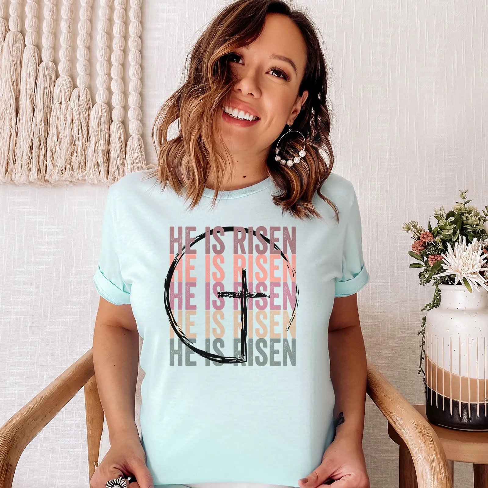 He Is Risen Stacked Easter Rainbow Tee sold by Faithful and Co. product image thumbnail 3