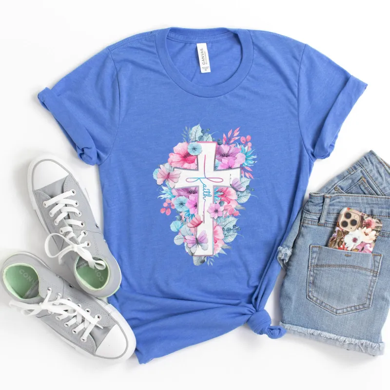 Watercolor Spring Faith Cross Tee sold by Faithful and Co.