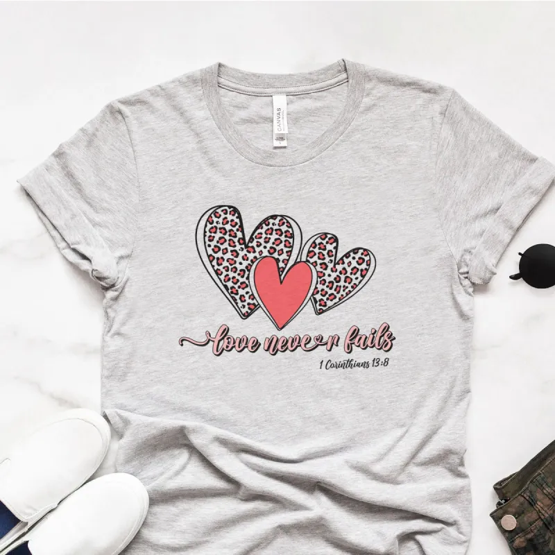 Love Never Fails Leopard Hearts Tee sold by Faithful and Co.