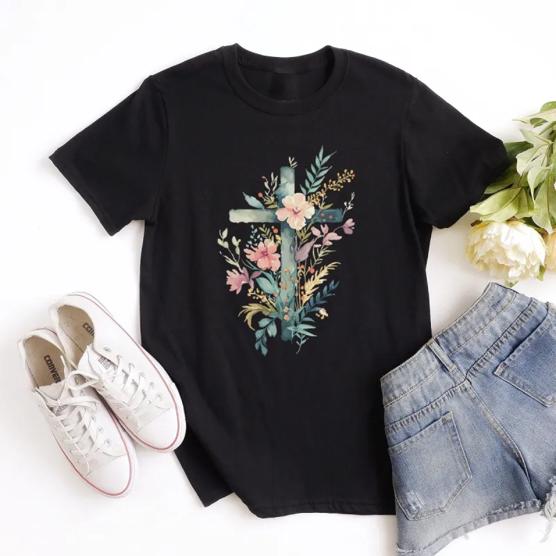 Watercolor Spring Floral Cross Tee sold by Faithful and Co.