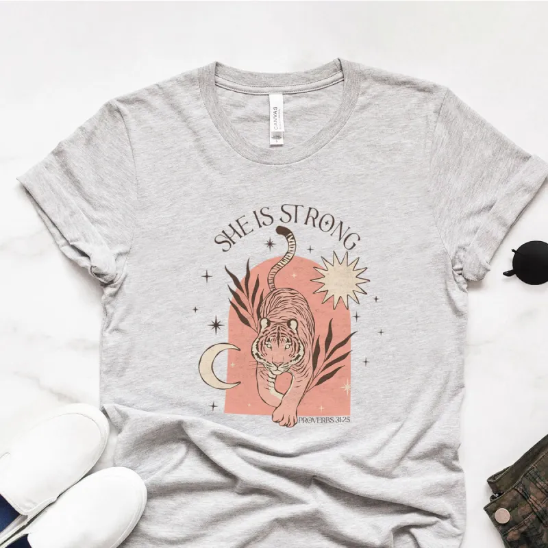 She is Strong Boho Tiger - Proverbs 31:25 Tee sold by Faithful and Co.