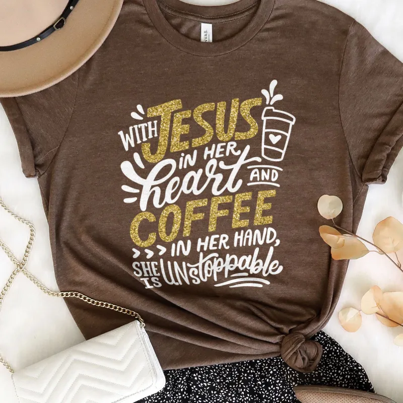 Jesus And Coffee Sparkle Tee sold by Faithful and Co.