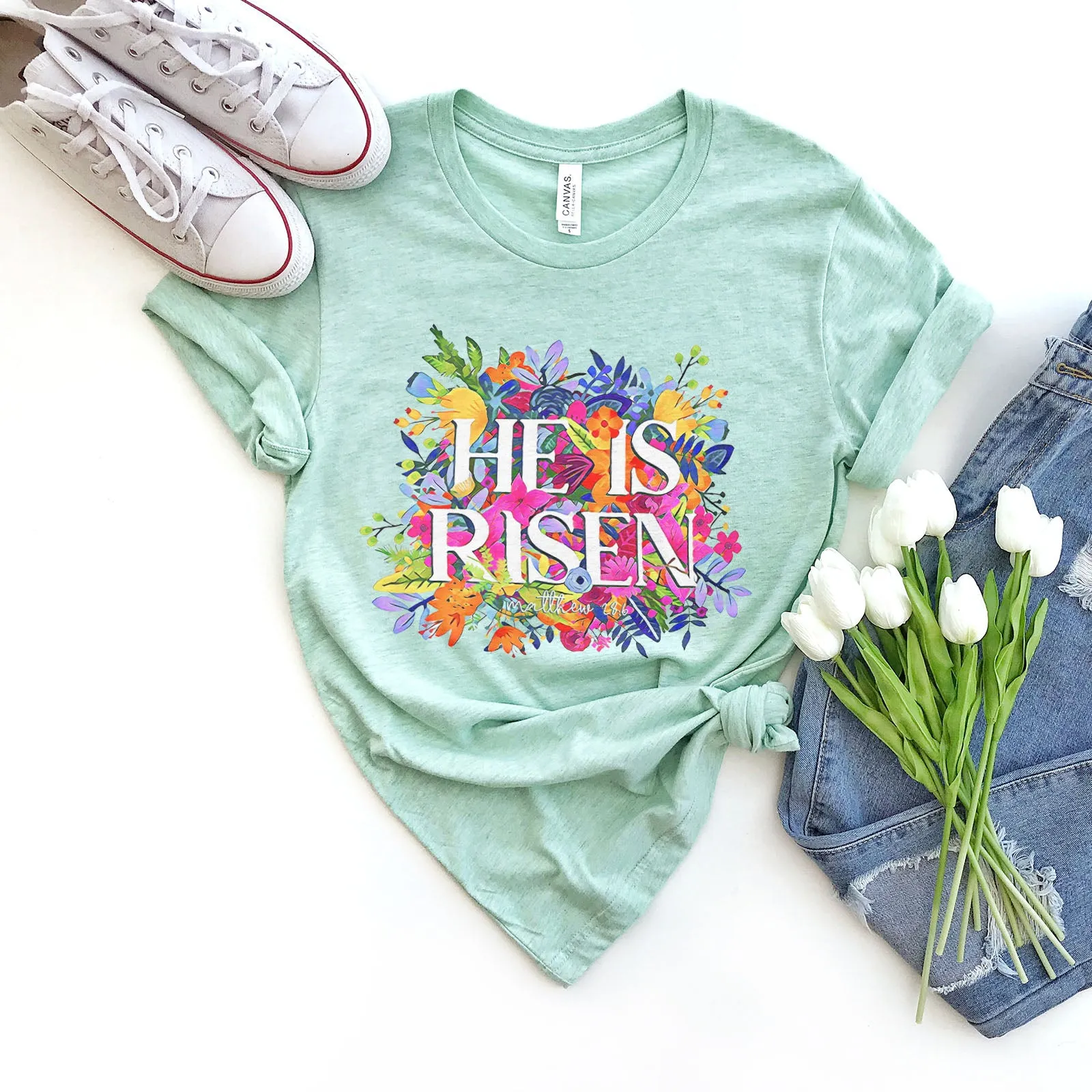 He Is Risen Bright Easter Flowers Tee sold by Faithful and Co. product image thumbnail 5