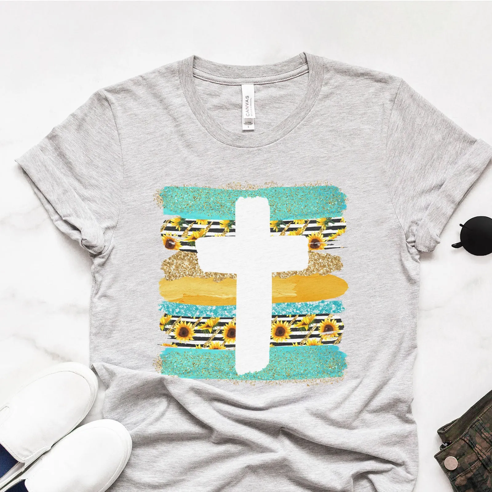 Cross Brushstrokes Sunflower Tee sold by Faithful and Co.