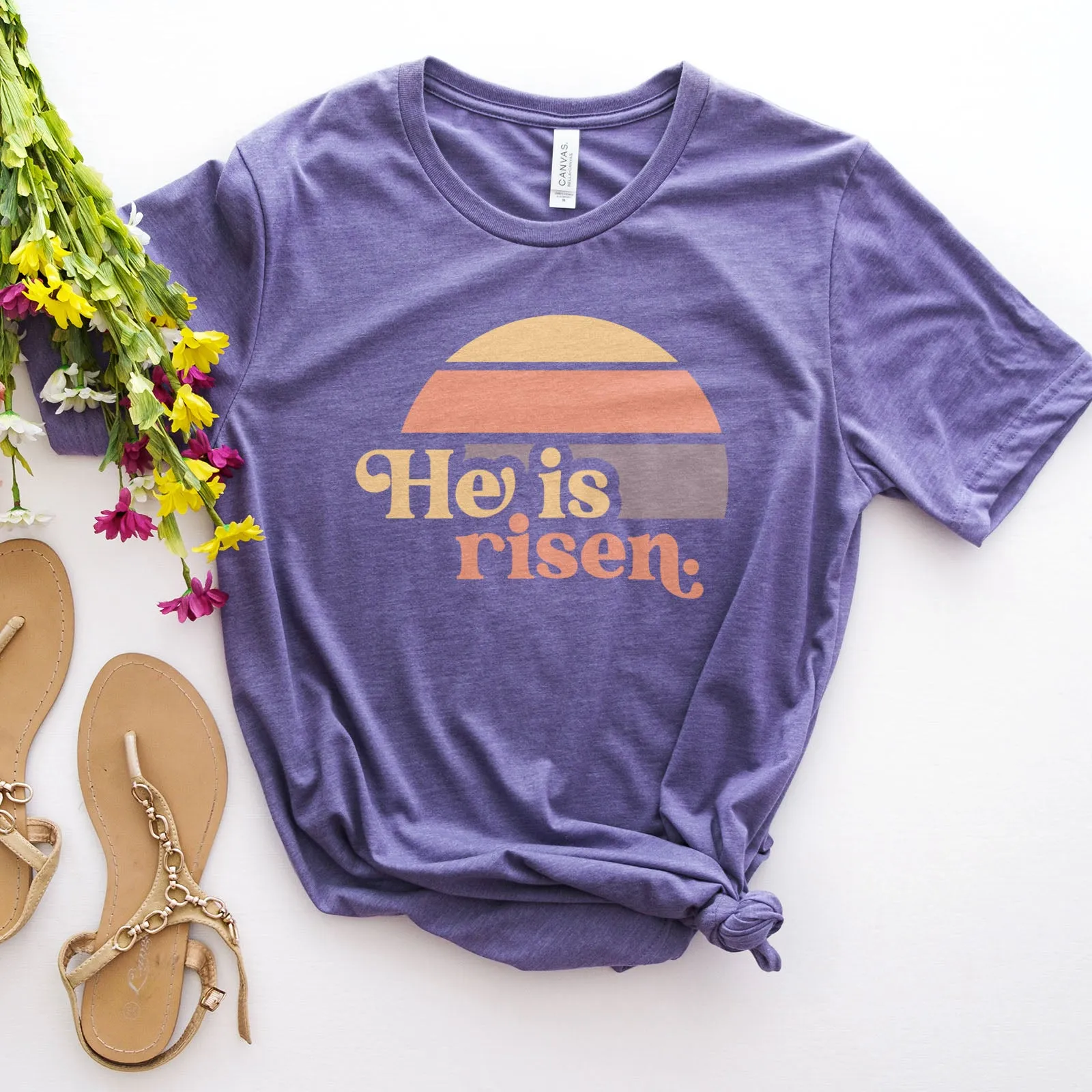 He is Risen Retro Sunset Tee sold by Faithful and Co.