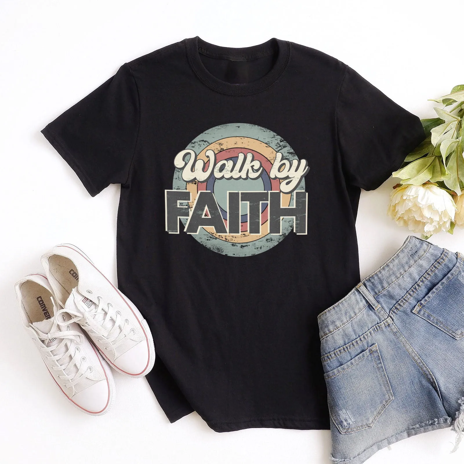 Retro, Walk By Faith Tee sold by Faithful and Co.