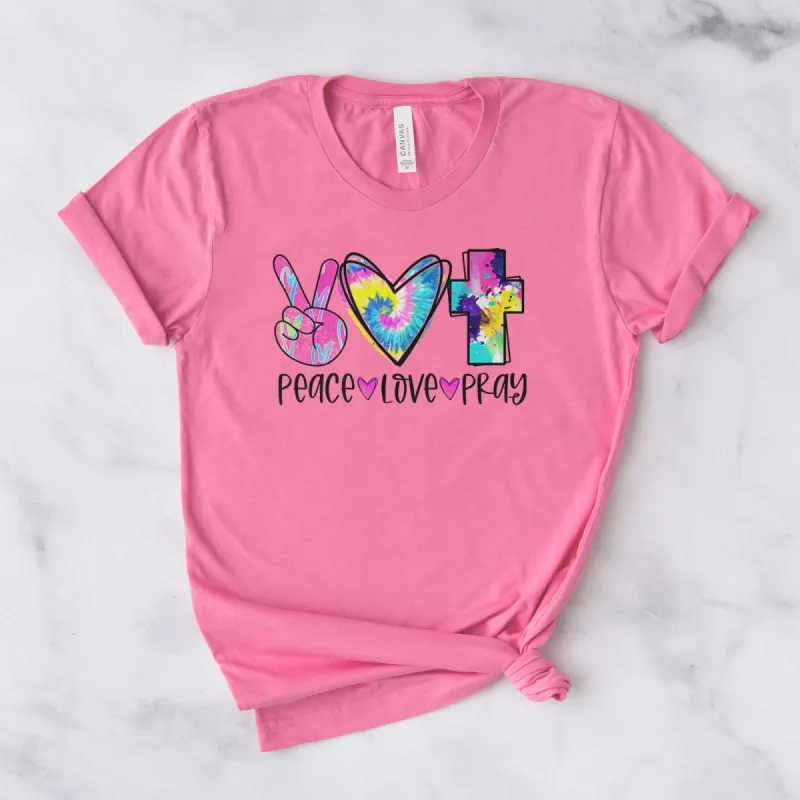 Peace Love Pray Colorful Tee sold by Faithful and Co.