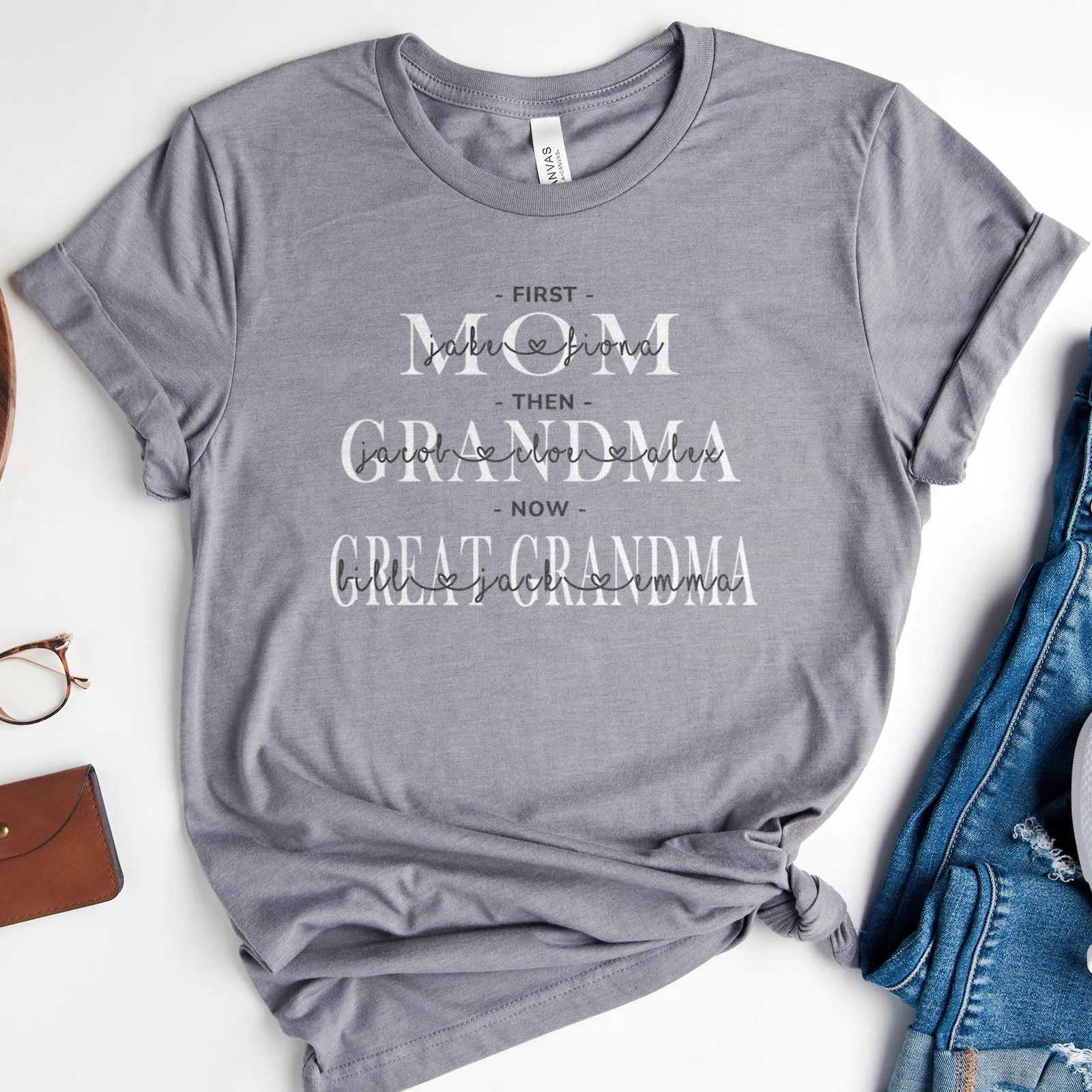 First Mom | Then Grandma | Now Great Grandma Personalized Tee sold by Faithful and Co.