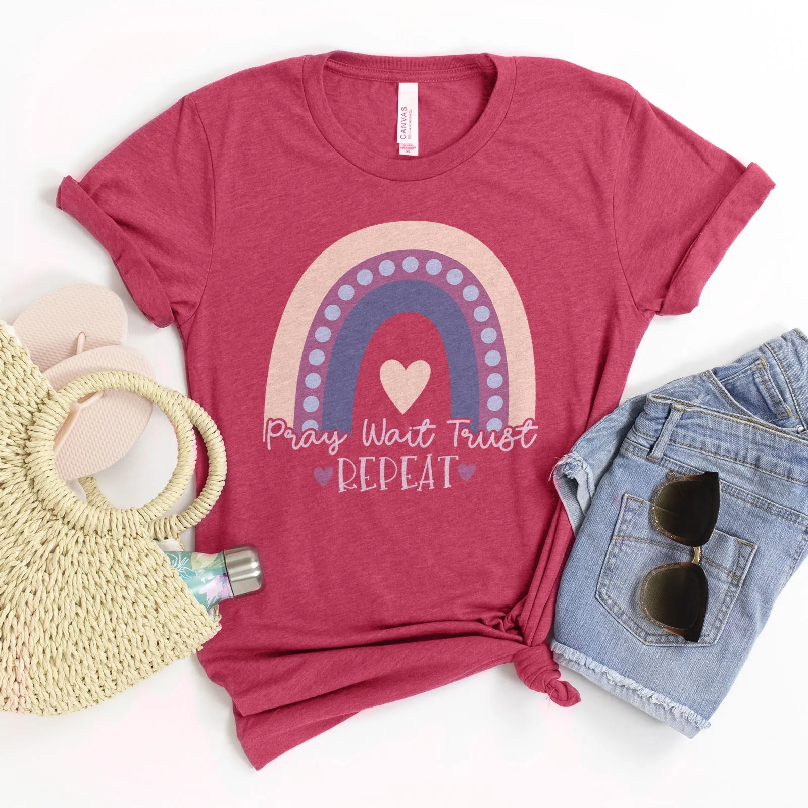 Pray Wait Trust Repeat Rainbow Tee sold by Faithful and Co.