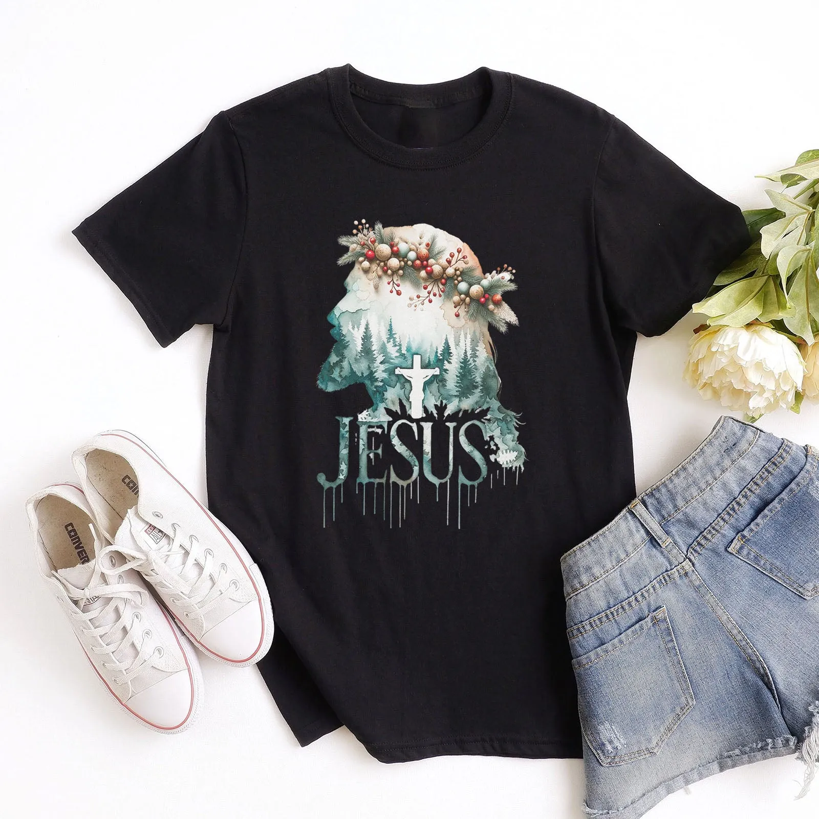 Christmas Jesus Watercolor Tee sold by Faithful and Co.