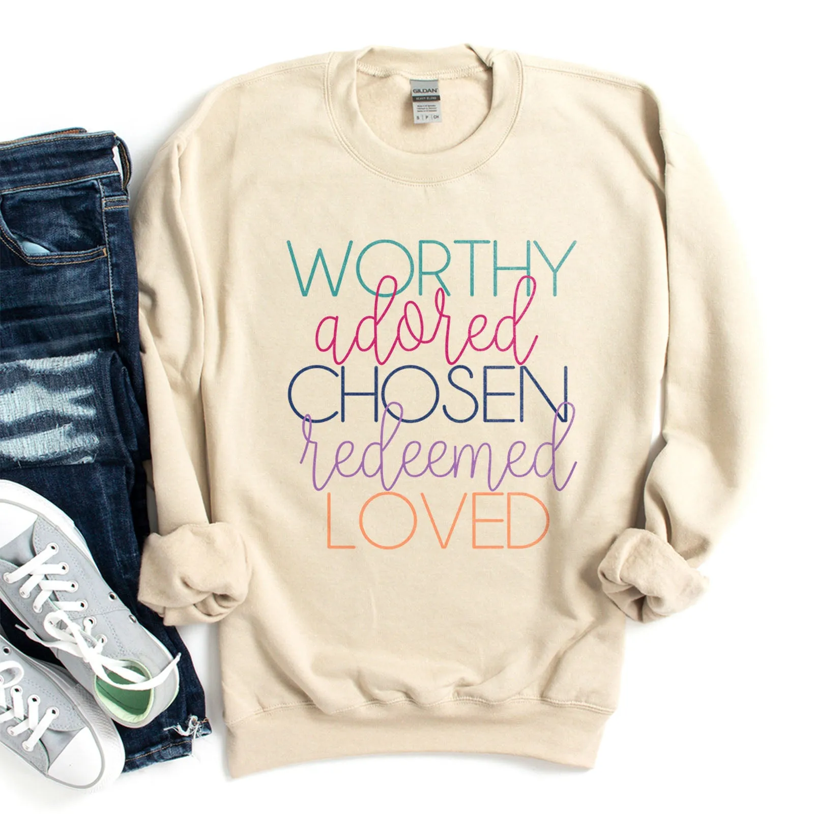 Worthy, Adored, Chosen, Redeemed, Loved Sweatshirt sold by Faithful and Co.