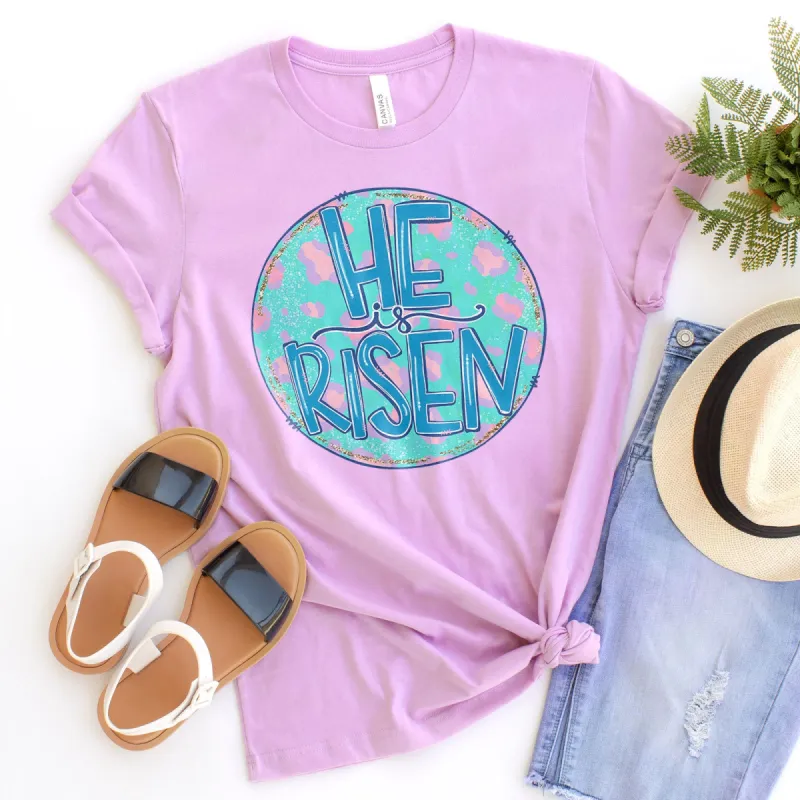 Pastel Leopard He is Risen Tee sold by Faithful and Co.