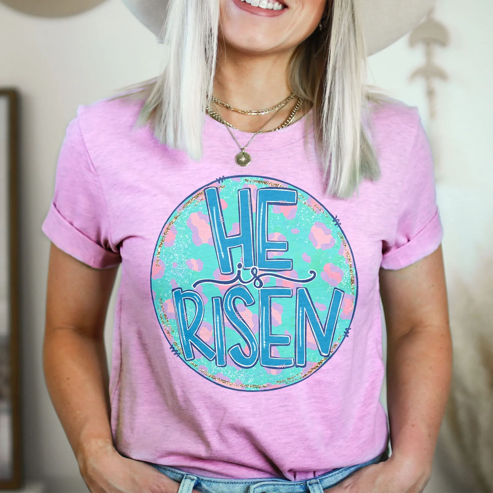 Pastel Leopard He is Risen Tee sold by Faithful and Co. product image thumbnail 2