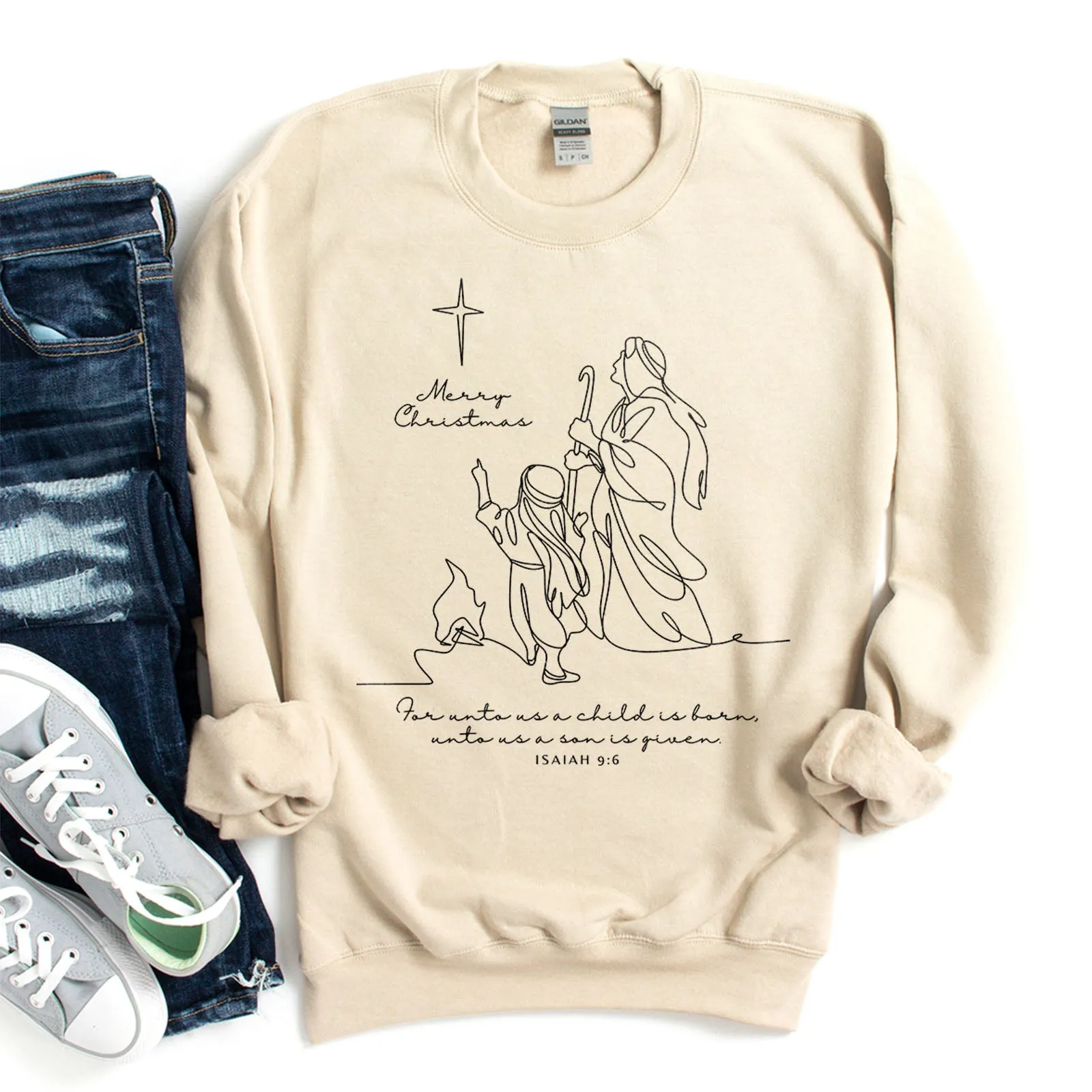 Merry Christmas - Isaiah 9:6 Line Drawing Sweatshirt sold by Faithful and Co.