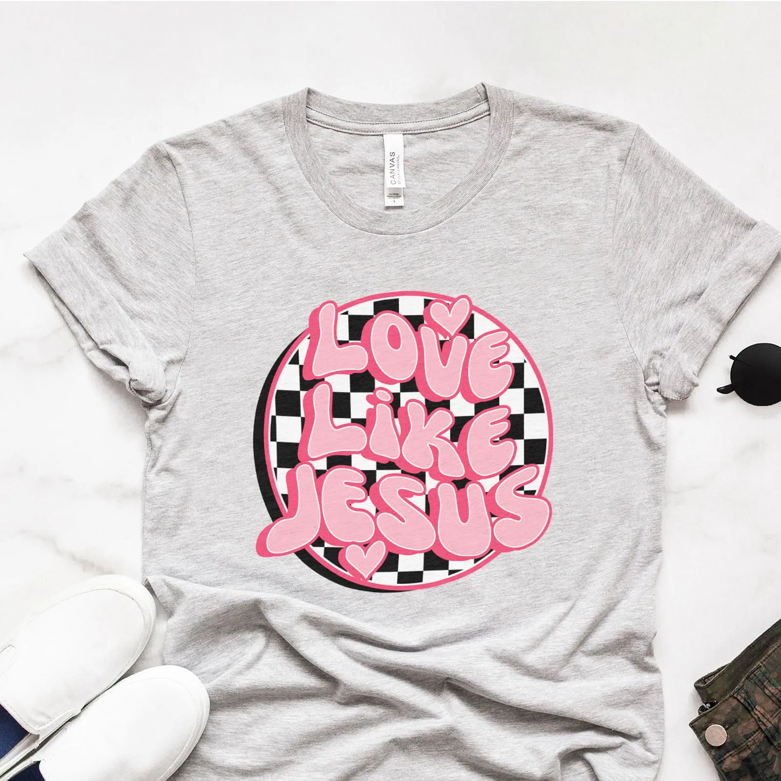 Valentine Love Like Jesus Retro Checkerboard Tee sold by Faithful and Co. product image thumbnail 3