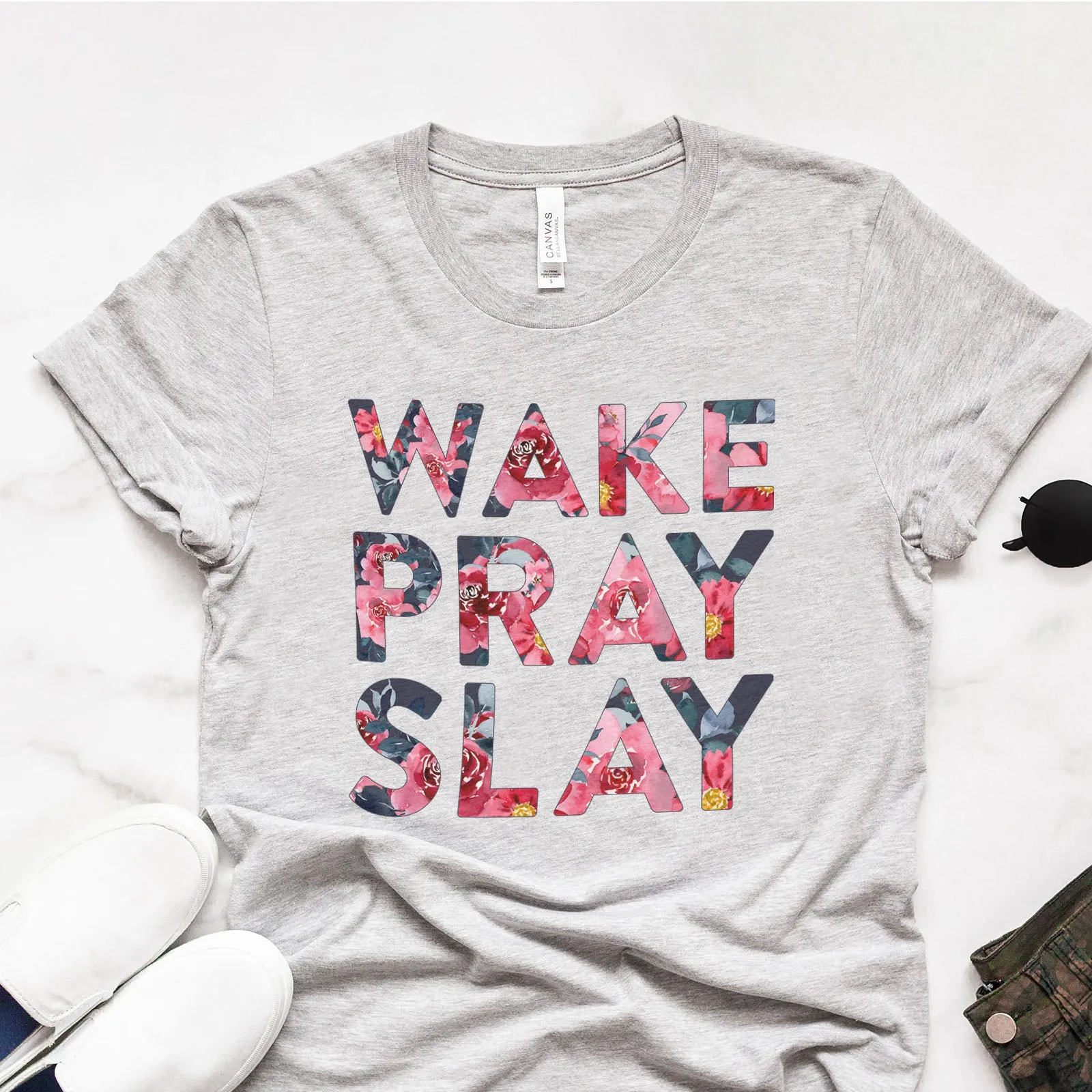 Wake Pray Slay Floral Tee sold by Faithful and Co.