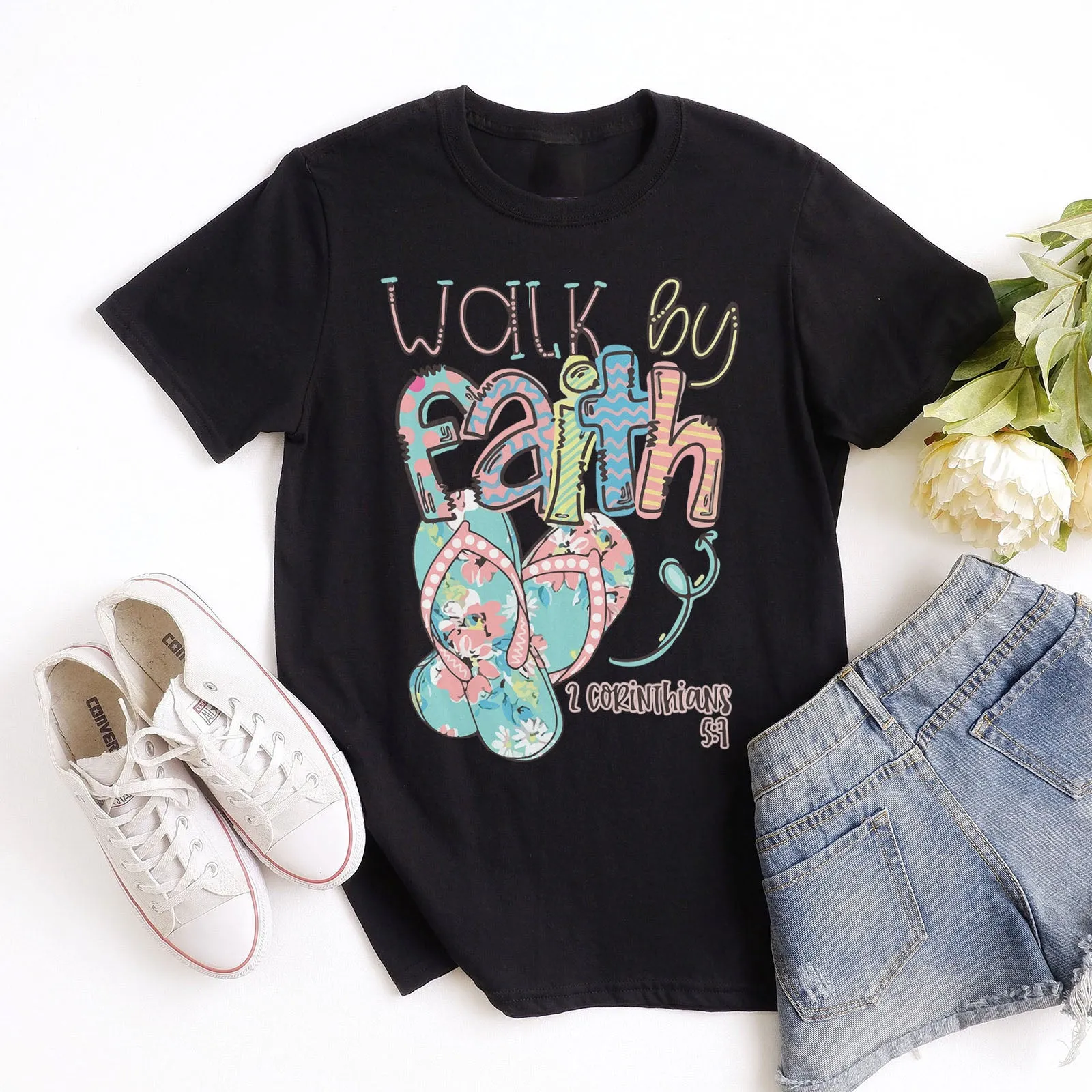 Walk by Faith in Flip-Flops Tee sold by Faithful and Co.
