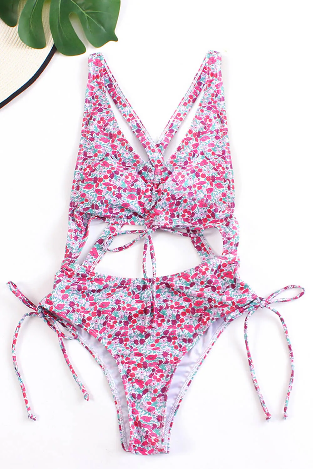 Pink Floral Ruched Tie Front Key Hole Cut-Out Cross Back One Piece Swimsuit sold by Floralkini product image thumbnail 5
