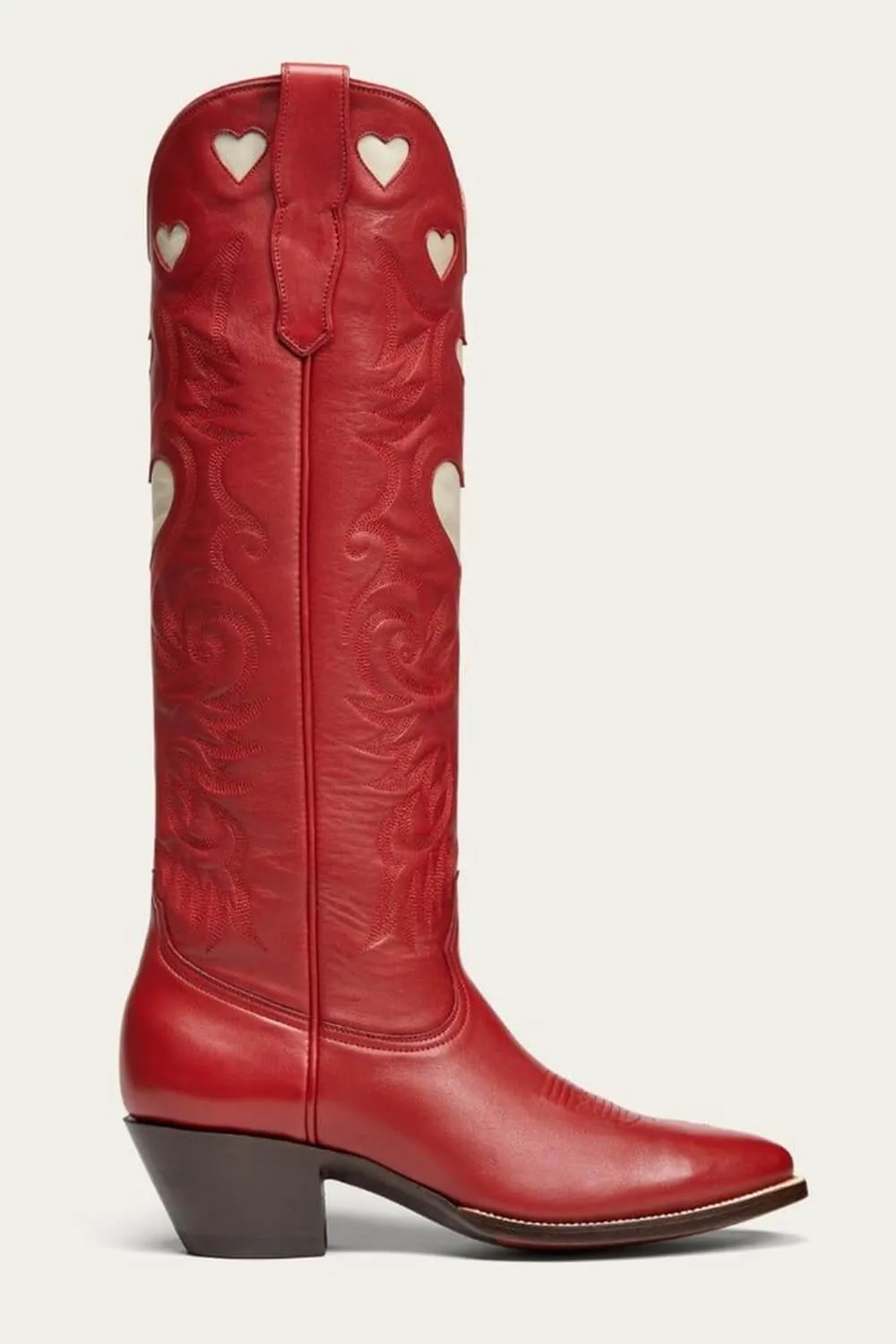 Red Heart Embroidered Pointed Toe Long Western Knee High Block Heel Boot sold by Floralkini