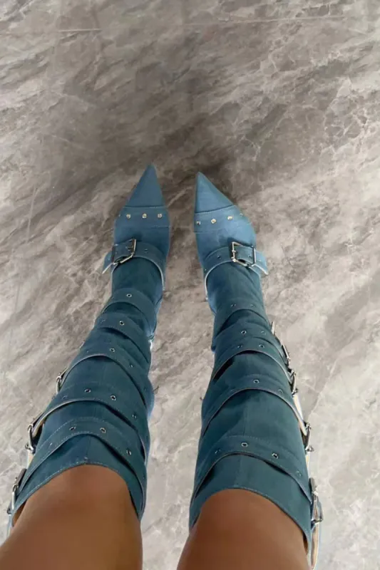 Blue Denim Strappy Buckle Pointed Toe Knee High Stiletto Boots sold by Floralkini