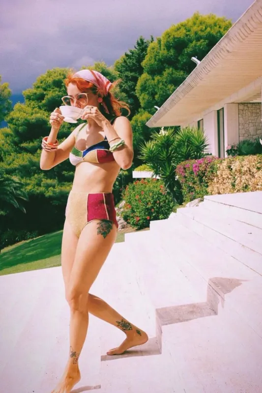 Multicoloured Shimmer Color-Block Velvet High Waisted Bikini Bottom sold by Floralkini