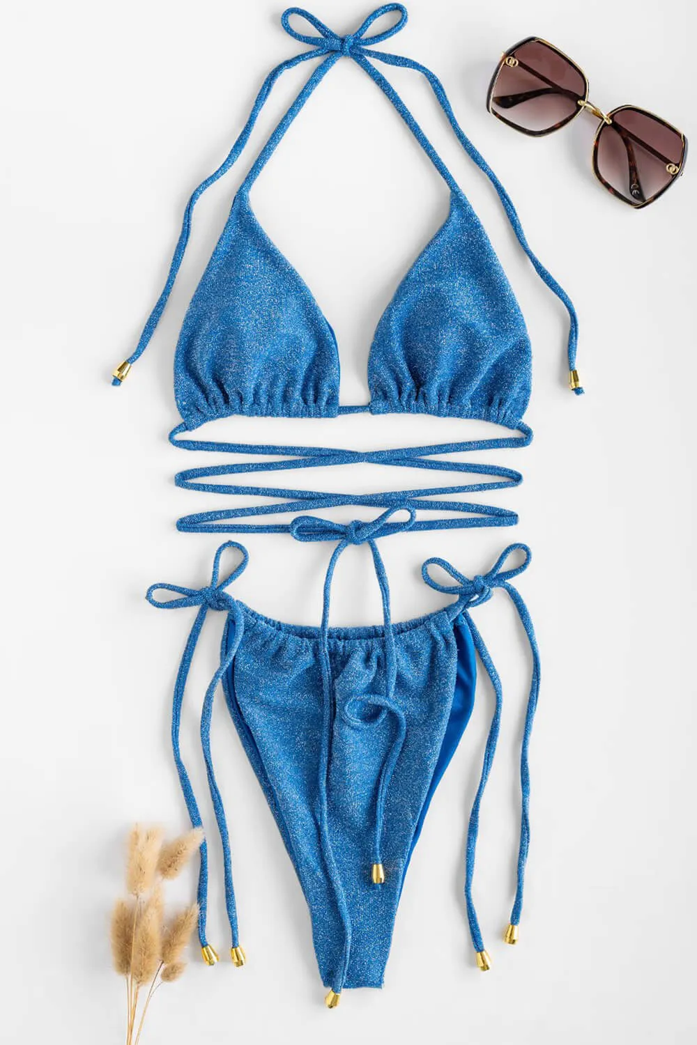 Shimmer Halterneck Triangle Wrap Tie Side Bikini Set - Blue sold by Floralkini product image thumbnail 4
