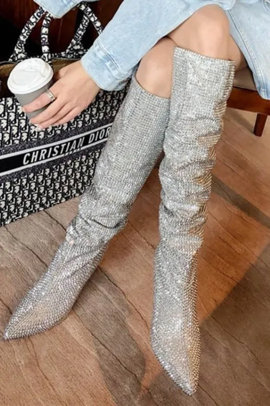 Diamante Crystal-Embellished Point Toe Knee High Block Heeled Slouch Boots - Silver sold by Floralkini