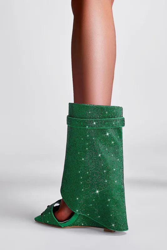 Gem Embellished Diamante Padlock Fold Over Wedge Heeled Sandals - Green sold by Floralkini
