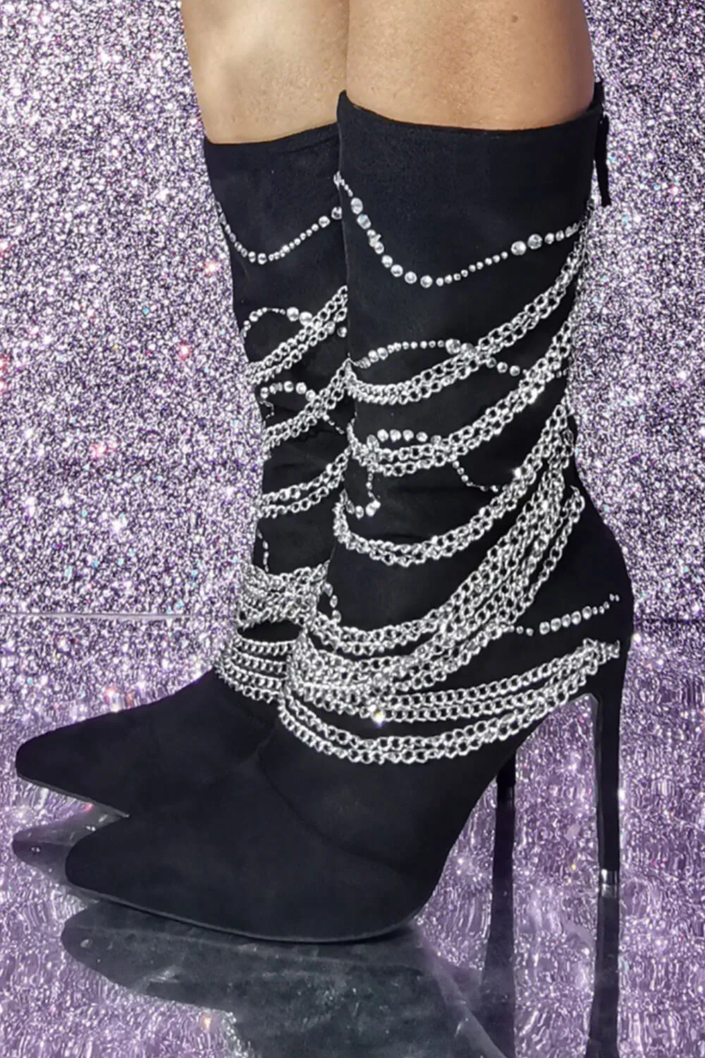 Rhinestone Chain Embellished Pointed Toe Mid-Calf Stiletto Boots sold by Floralkini product image thumbnail 4