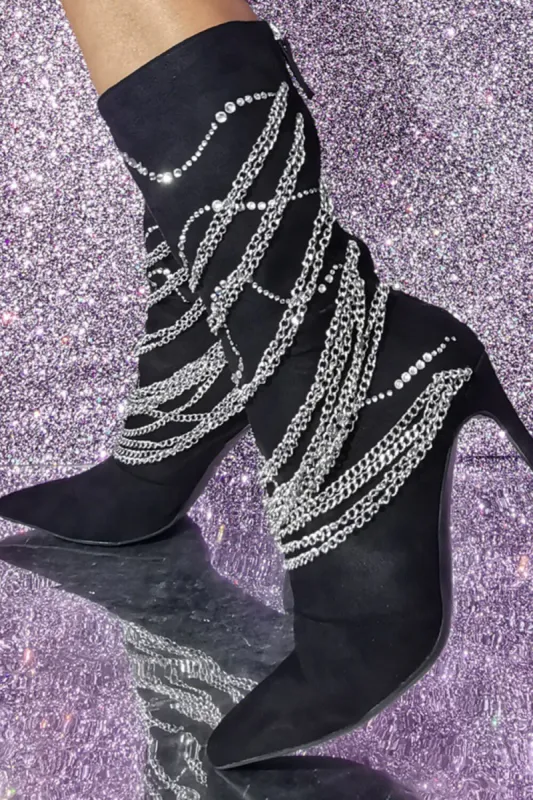 Rhinestone Chain Embellished Pointed Toe Mid-Calf Stiletto Boots sold by Floralkini