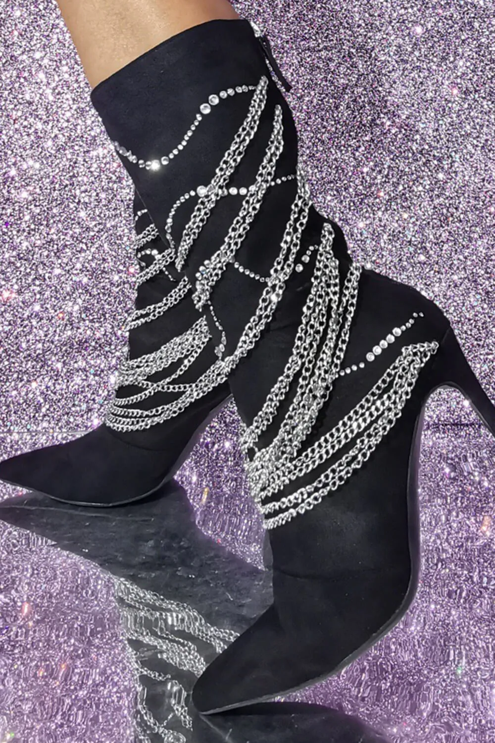 Rhinestone Chain Embellished Pointed Toe Mid-Calf Stiletto Boots sold by Floralkini