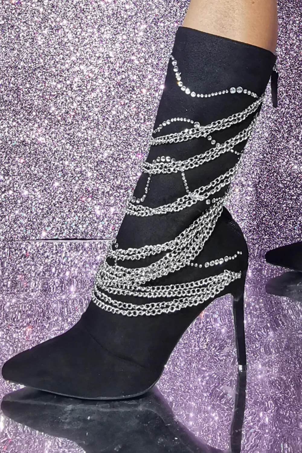 Rhinestone Chain Embellished Pointed Toe Mid-Calf Stiletto Boots sold by Floralkini product image thumbnail 5