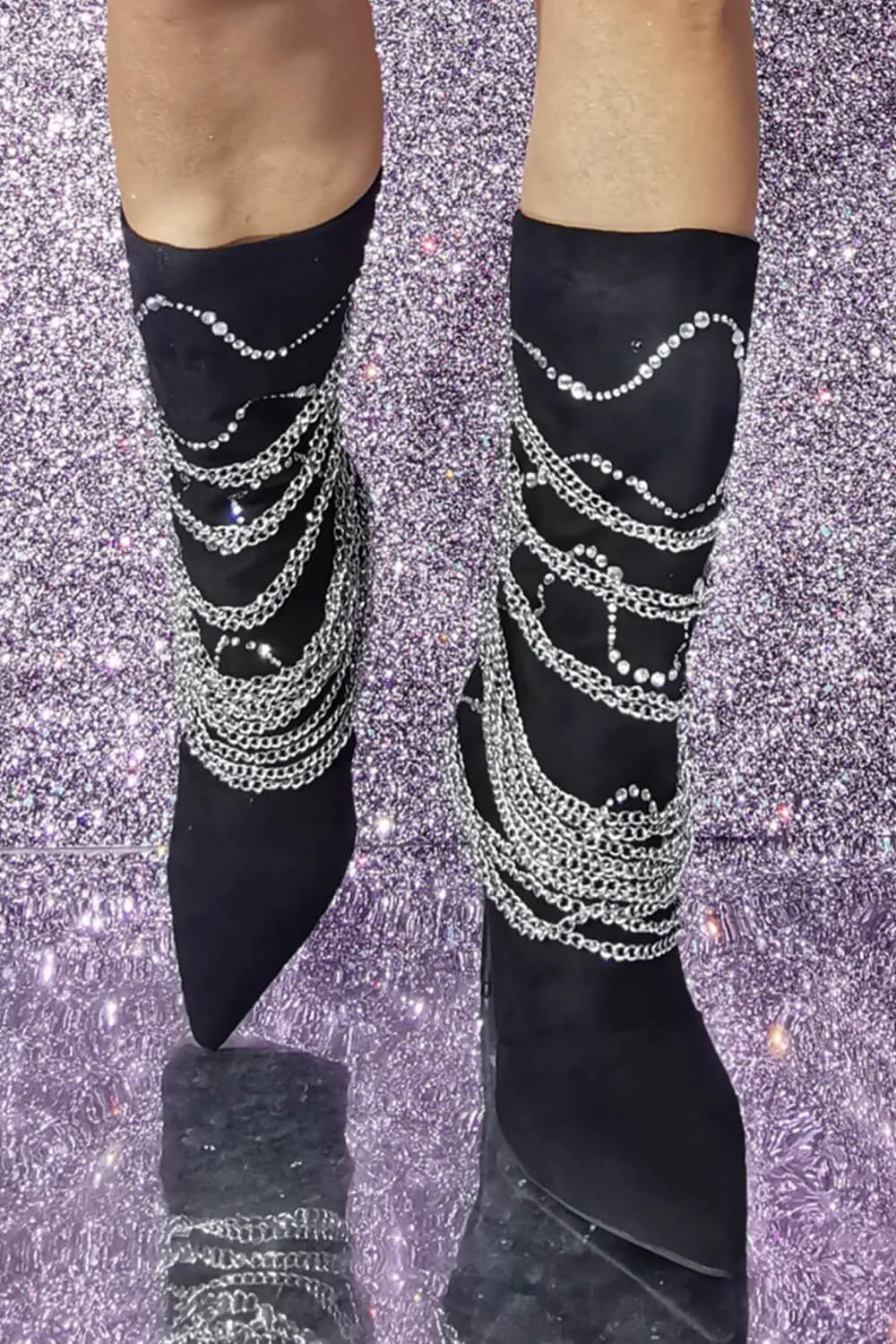 Rhinestone Chain Embellished Pointed Toe Mid-Calf Stiletto Boots sold by Floralkini product image thumbnail 2
