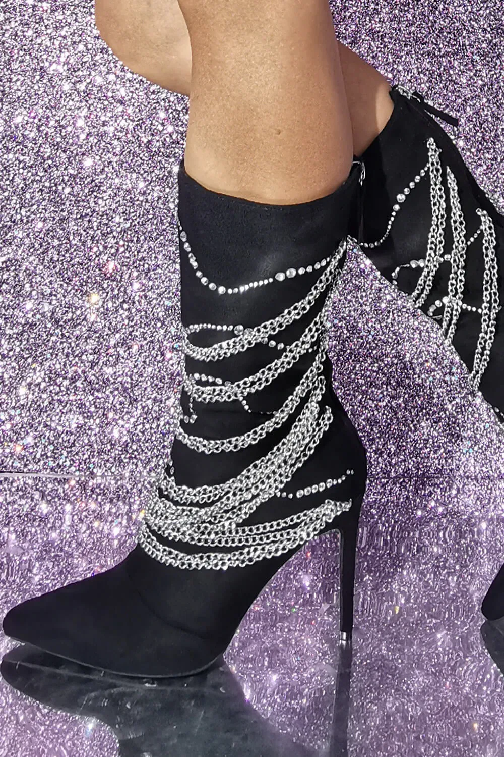 Rhinestone Chain Embellished Pointed Toe Mid-Calf Stiletto Boots sold by Floralkini product image thumbnail 3