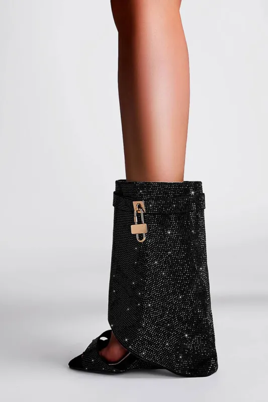 Gem Embellished Diamante Padlock Fold Over Wedge Heeled Sandals - Black sold by Floralkini