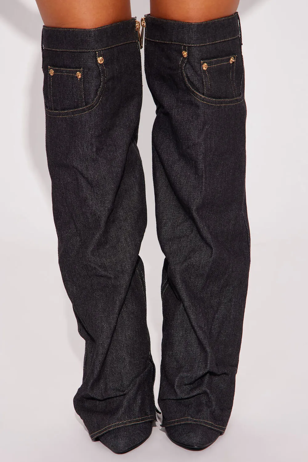 Denim Folded Pointed Toe Block Heel Over The Knee Pocket Boots - Black sold by Floralkini product image thumbnail 3