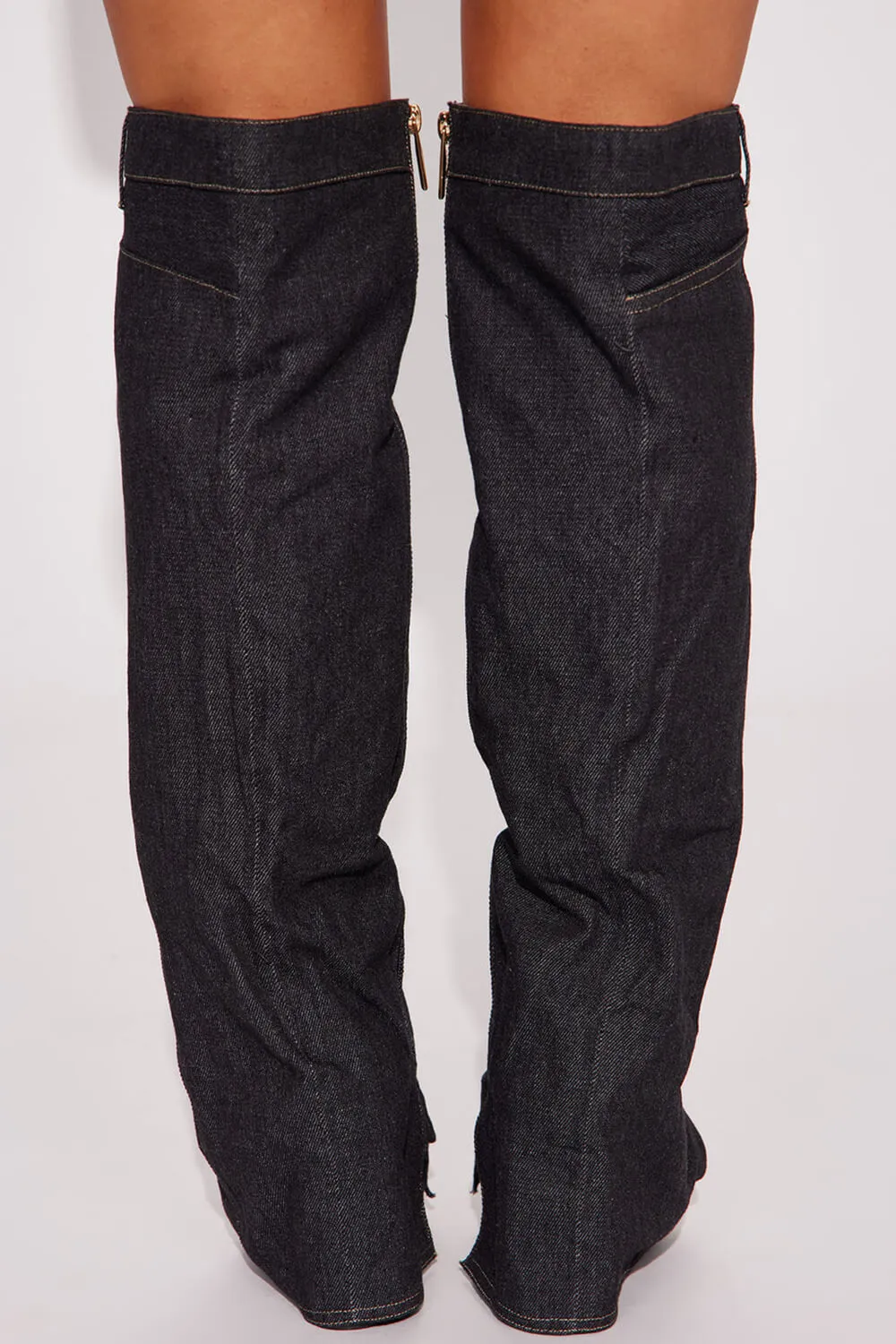 Denim Folded Pointed Toe Block Heel Over The Knee Pocket Boots - Black sold by Floralkini product image thumbnail 4