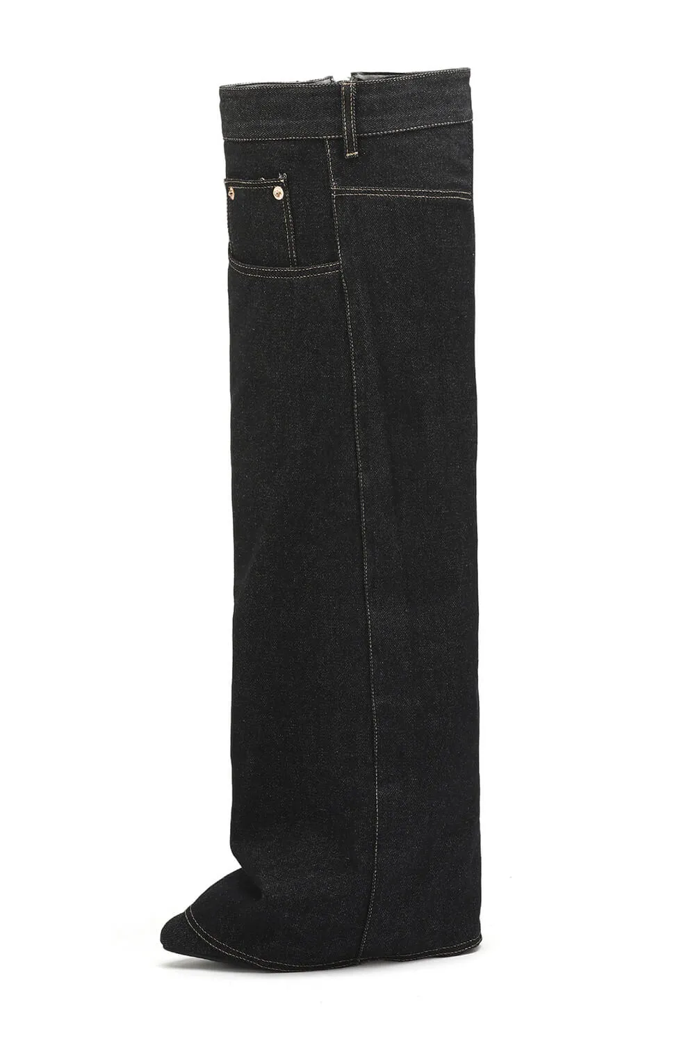 Denim Folded Pointed Toe Block Heel Over The Knee Pocket Boots - Black sold by Floralkini