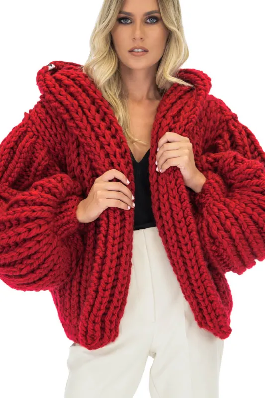 Balloon Sleeve Open Front Hooded Chunky Knit Cardigan sold by Floralkini