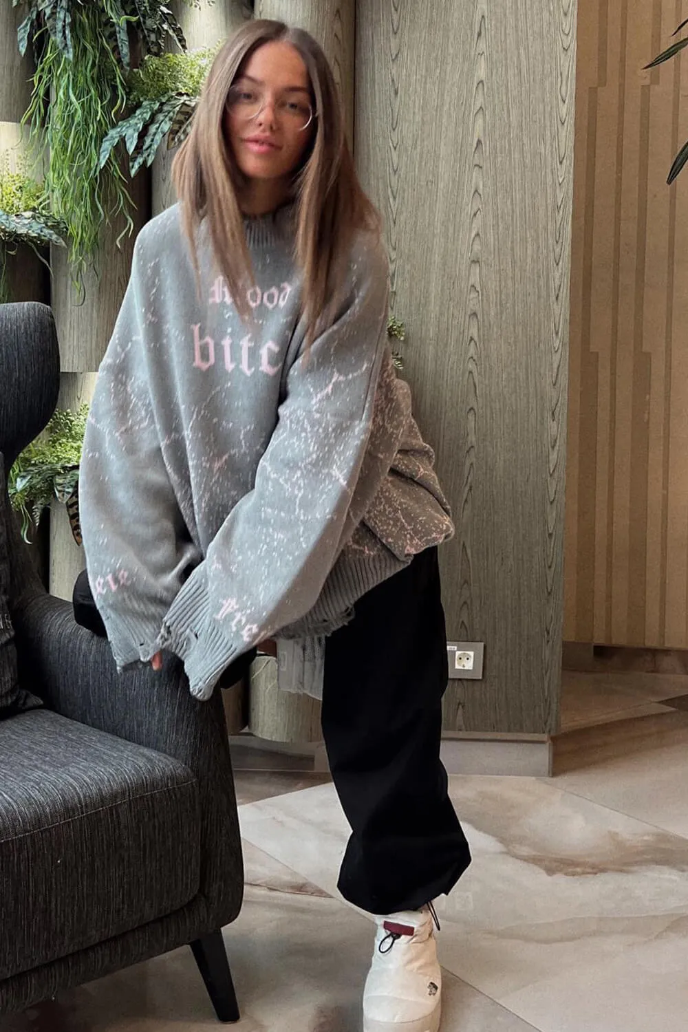 Abstract Pattern Distressed Crew Neck Oversized Sweatshirt sold by Floralkini product image thumbnail 4