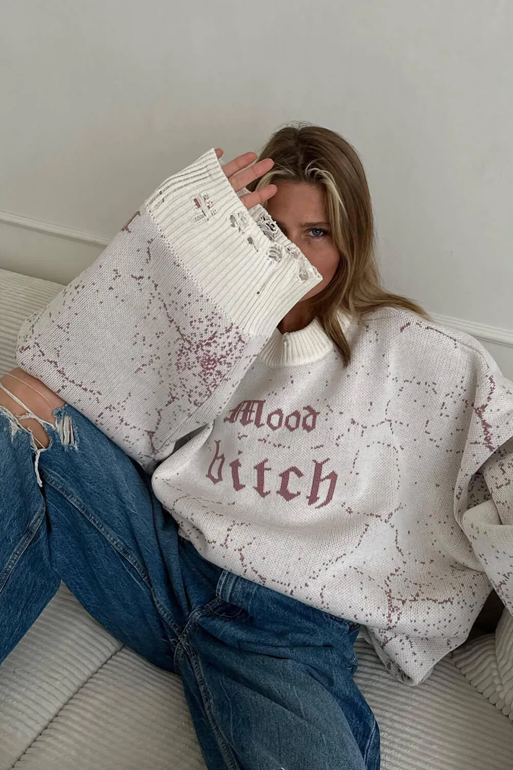 Abstract Pattern Distressed Crew Neck Oversized Sweatshirt sold by Floralkini