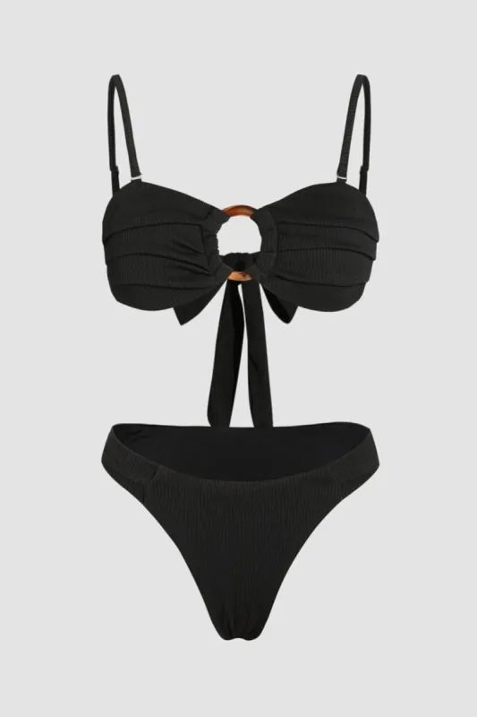 Ribbed Bandeau Tie Back Bikini Set With Tortoise Shell O-Ring Detail - Black sold by Floralkini