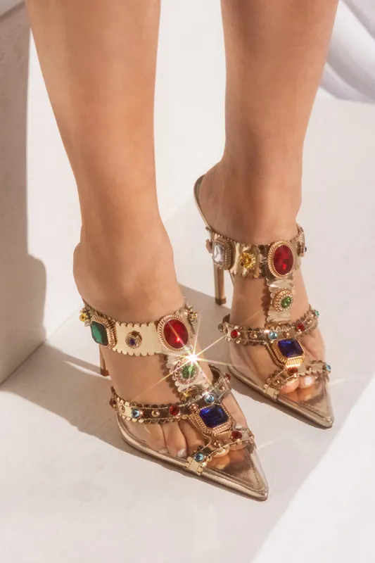 Metallic Gem Embellished Pvc Stiletto Mules - Gold sold by Floralkini