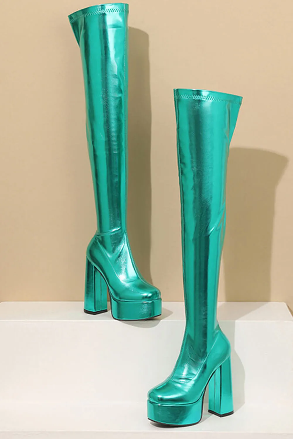 Metallic Faux Leather Platform Block Heel Thigh High Boots - Green sold by Floralkini product image thumbnail 2